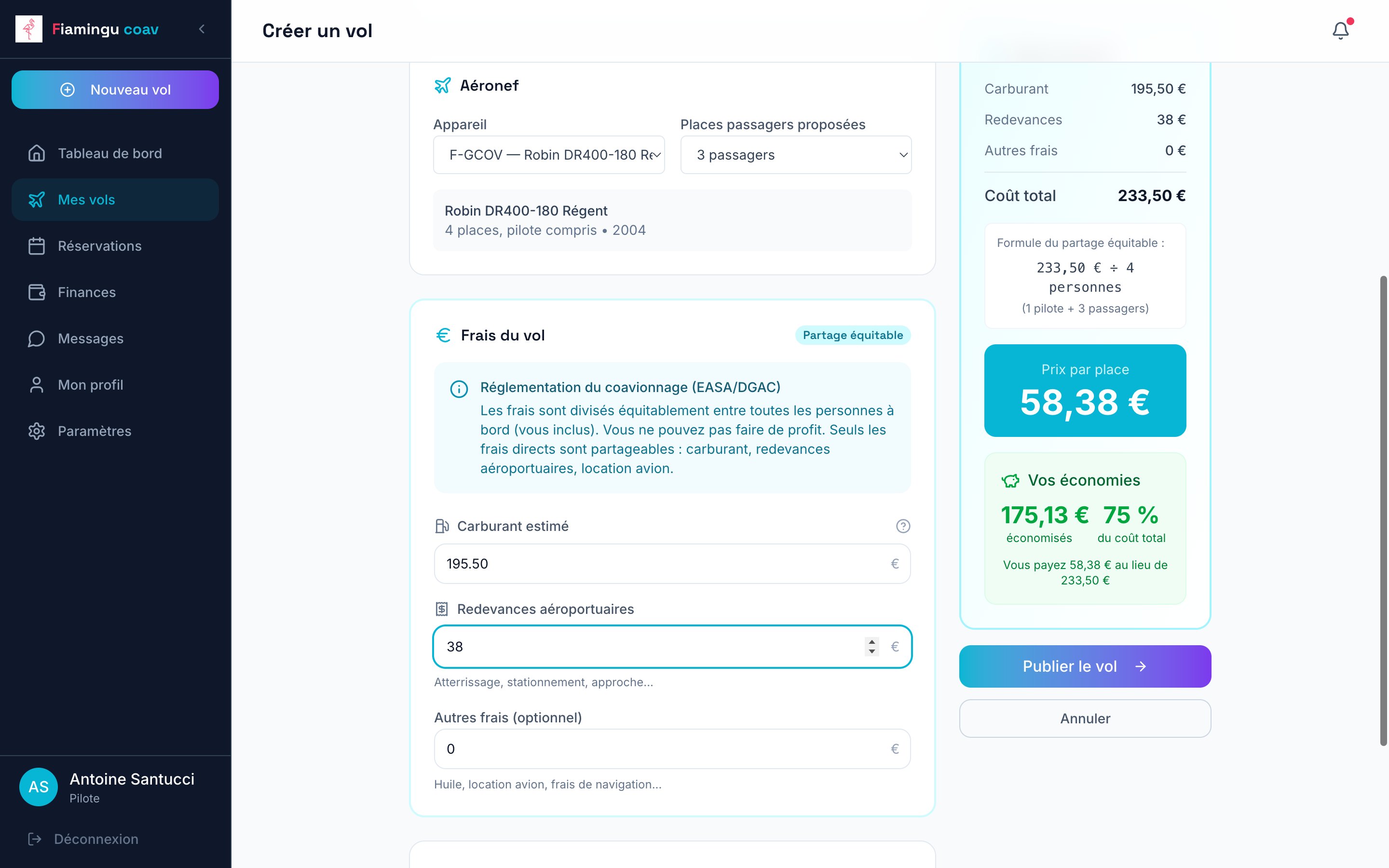 Création d’un vol côté pilote : frais, formule du partage équitable et prix par place.