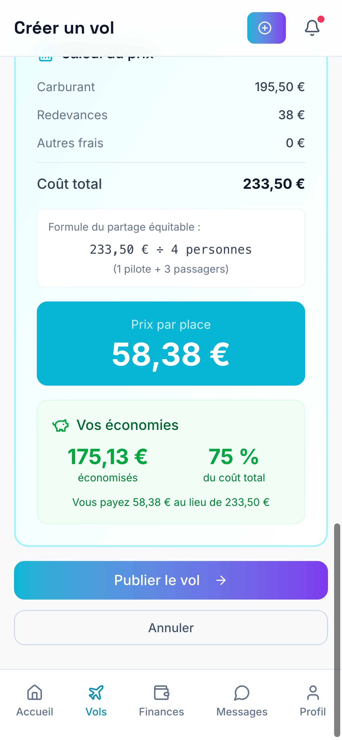 Calcul du prix par place dans l’application pilote.