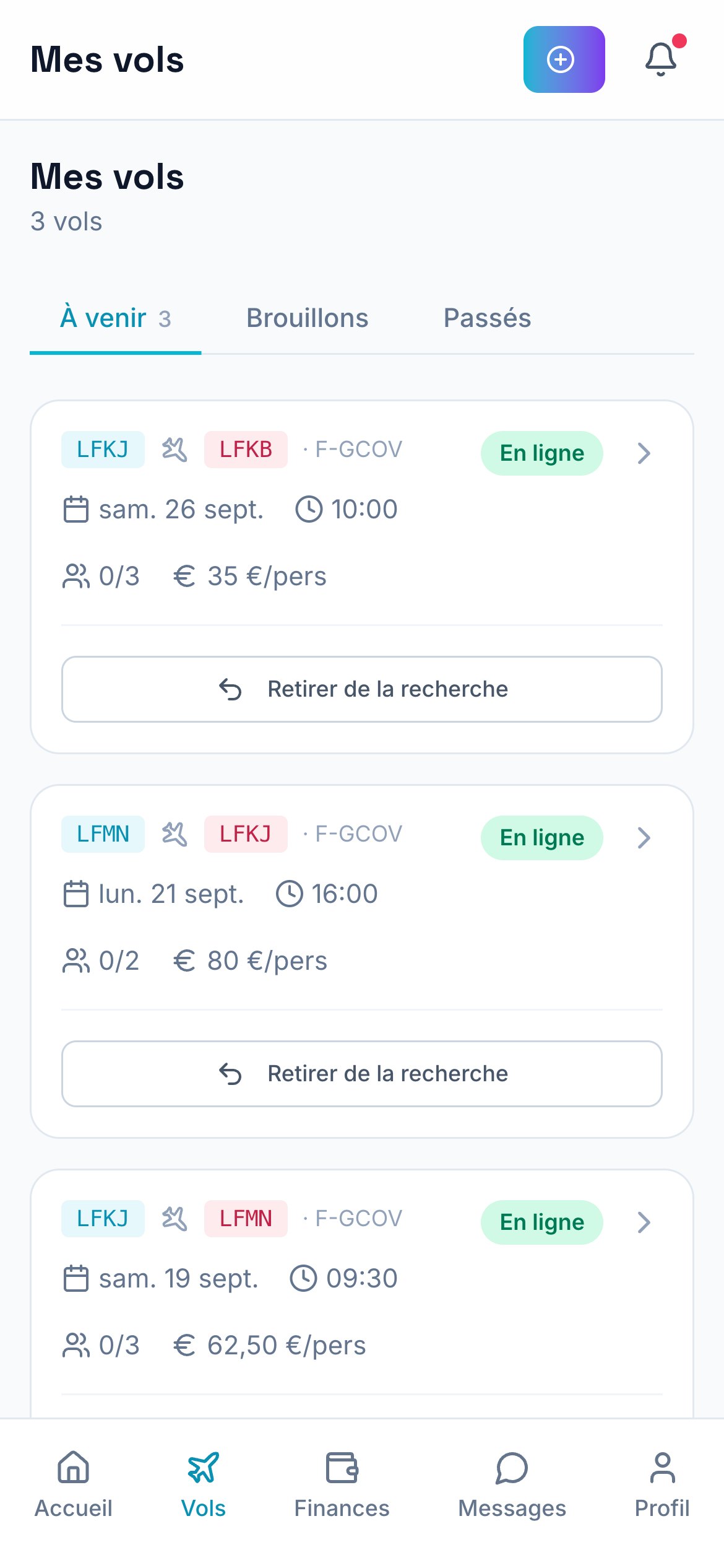 Les vols publiés par un pilote, avec leurs places et leur prix.